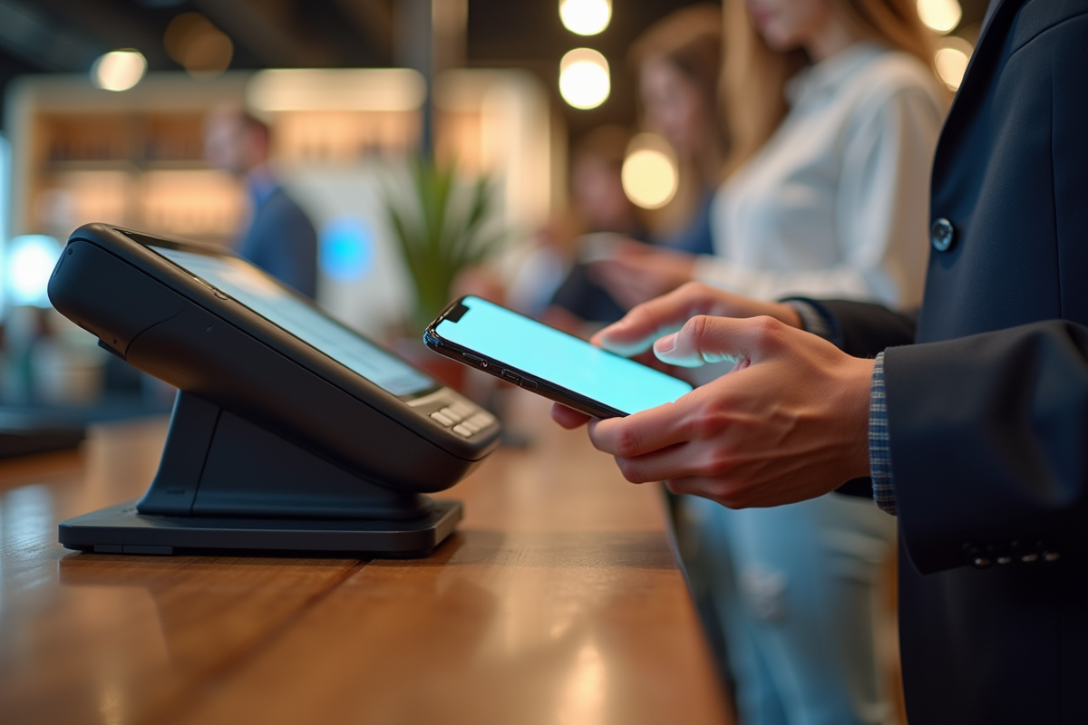 Client effectuant un paiement sans contact avec smartphone
