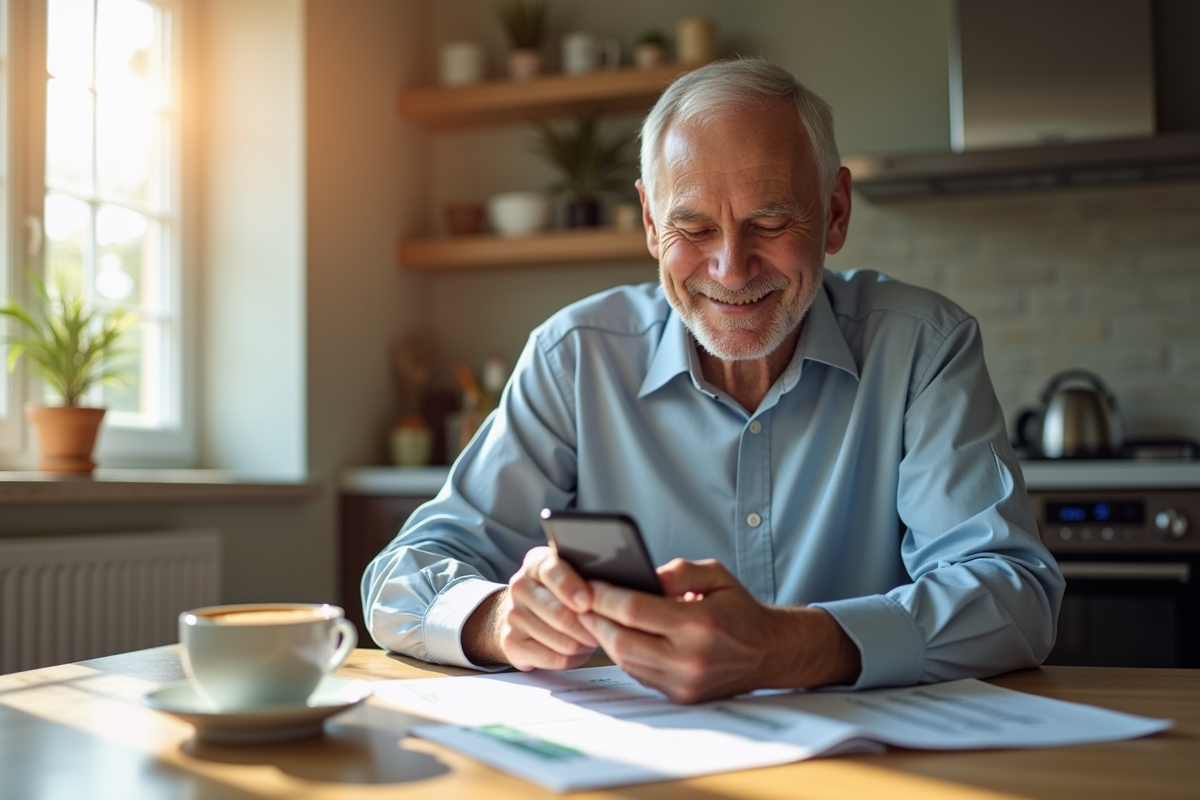 Personne âgée souriante utilisant un smartphone dans la cuisine