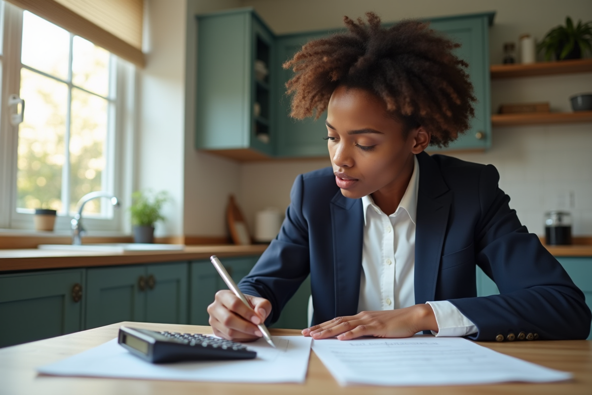 Personne en affaires examinant des documents à la maison