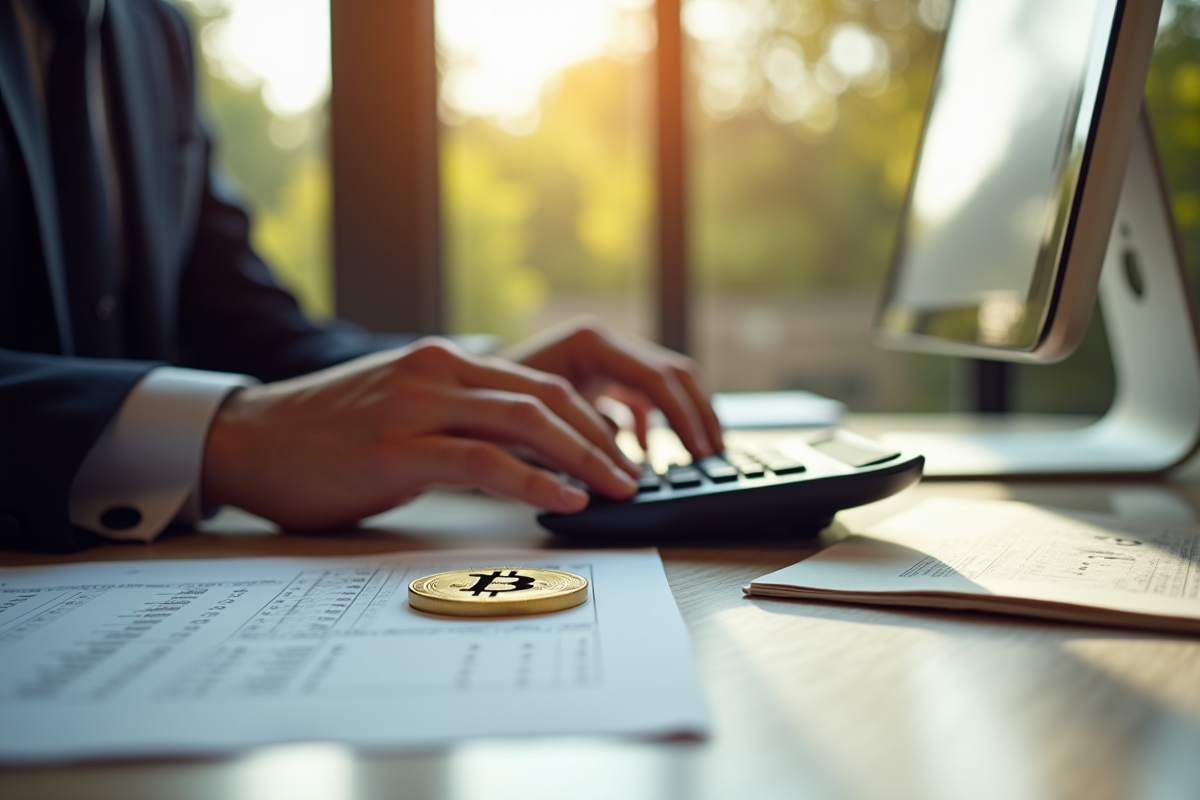 Personne en costume travaillant avec des documents et une pièce de bitcoin