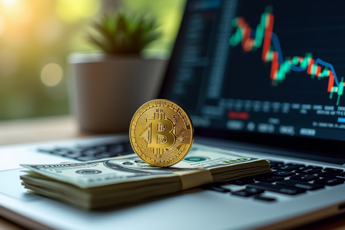 Pièce de Bitcoin sur des billets de dollars avec ordinateur portable