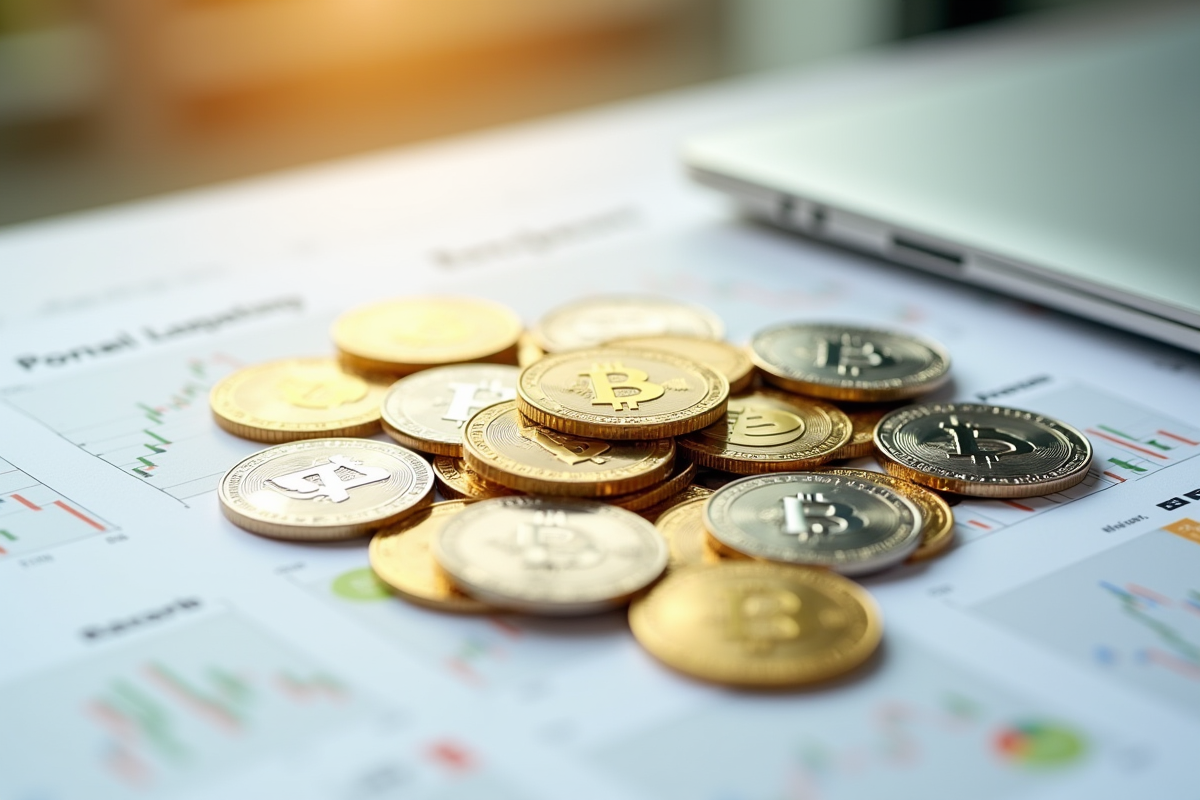 Pièces en or et argent avec symboles blockchain sur bureau blanc