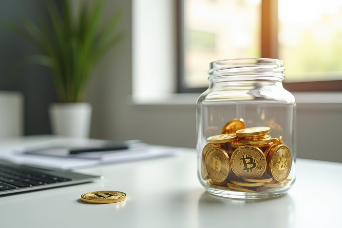 Portefeuille rempli de bitcoins dorés sur un bureau moderne