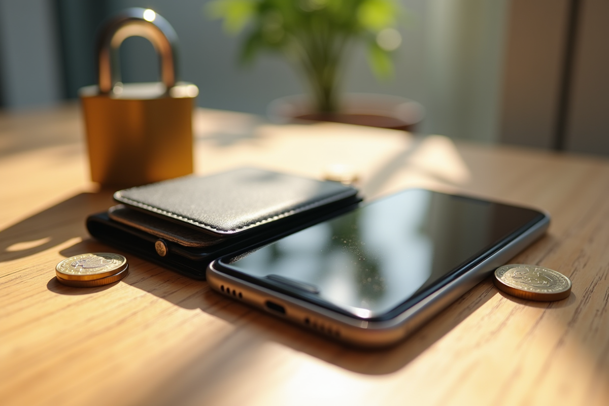 Portefeuille digital moderne avec smartphone et pièces pour la sécurité financière