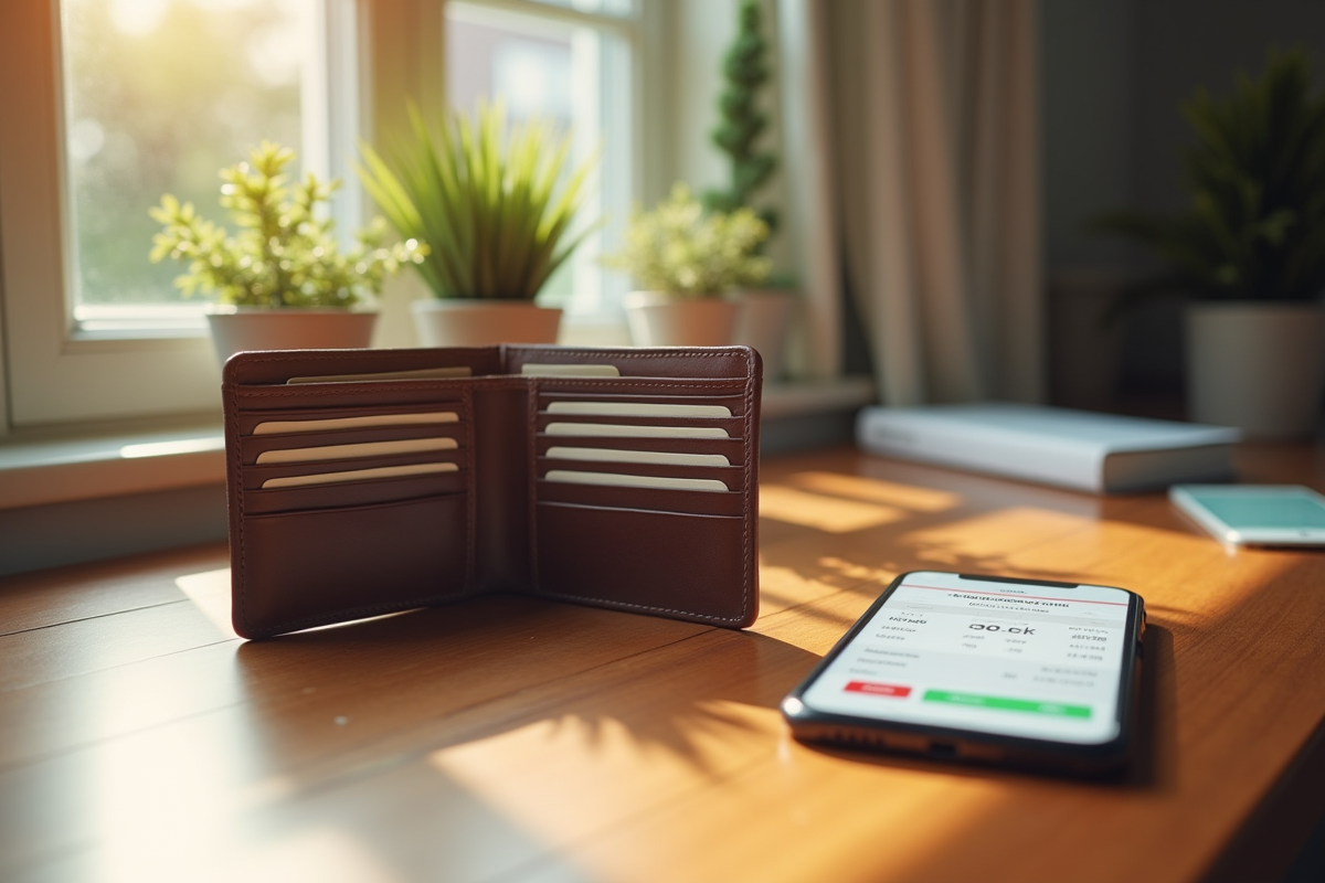 Portefeuille vide avec application financière sur smartphone