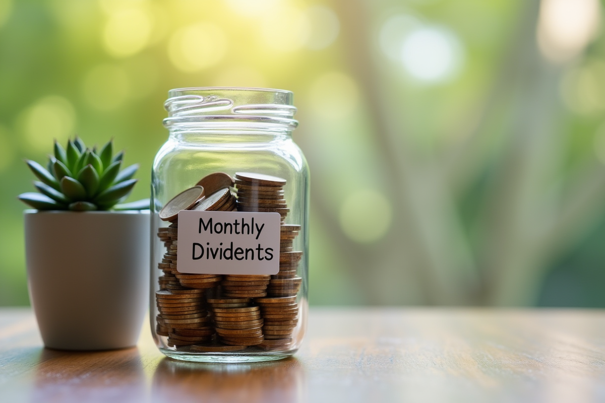 Pot de coins avec étiquette dividendes sur une table en bois