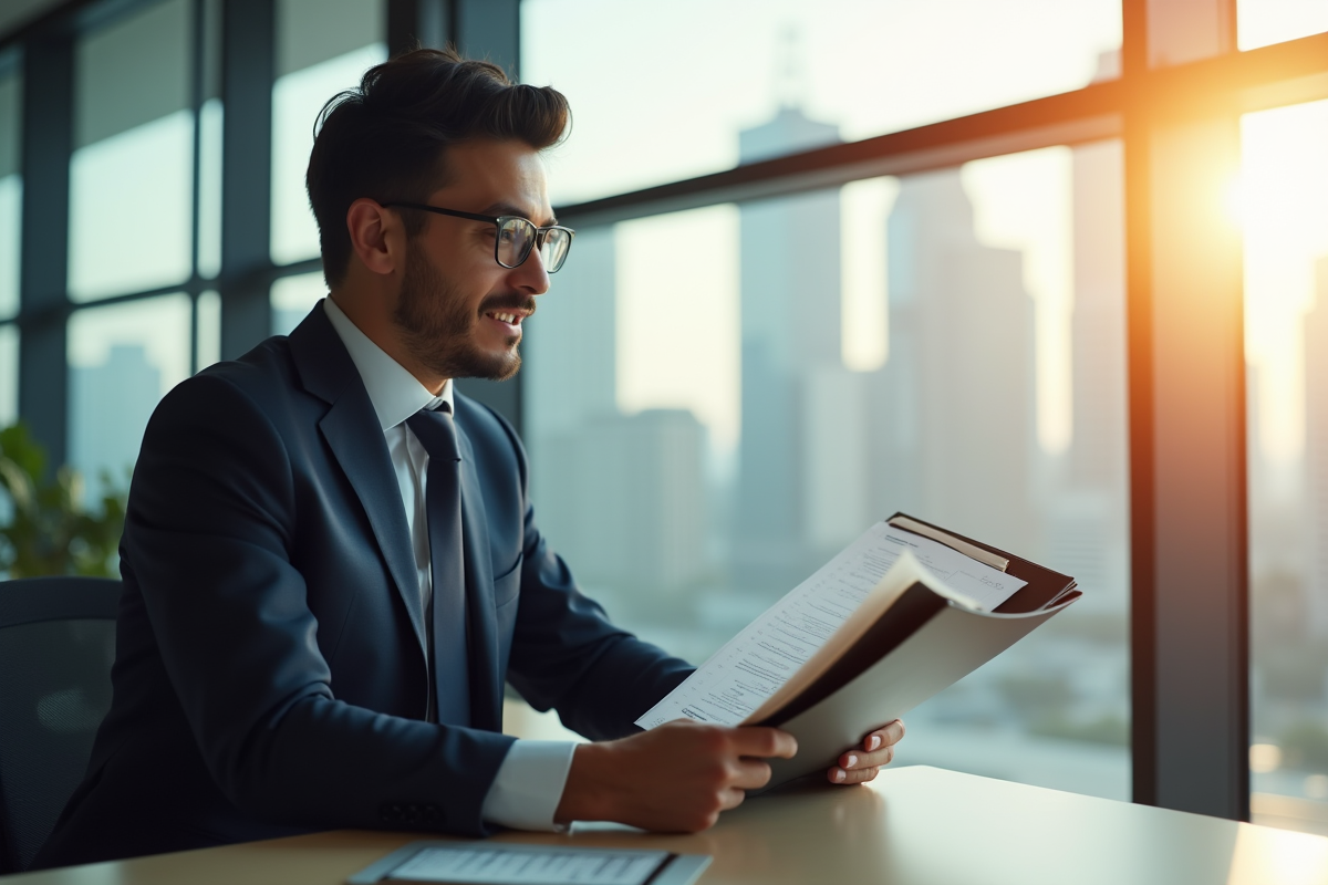 Professionnel d'affaires examinant des documents financiers dans un bureau lumineux