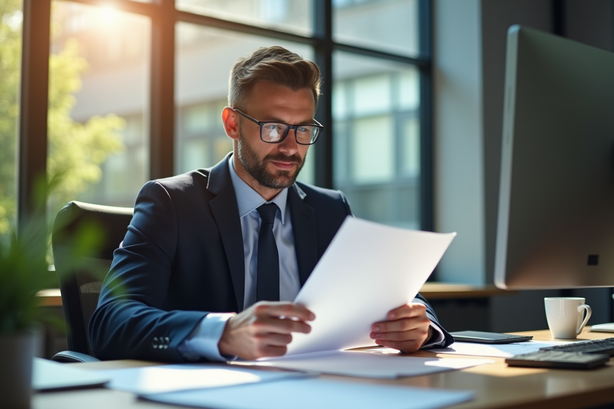 Un professionnel d'assurance dans un bureau moderne examine des documents importants