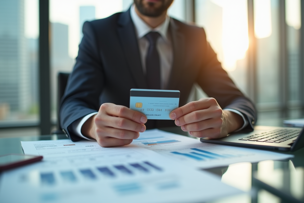 Professionnel tenant une carte de crédit haut de gamme dans un bureau lumineux