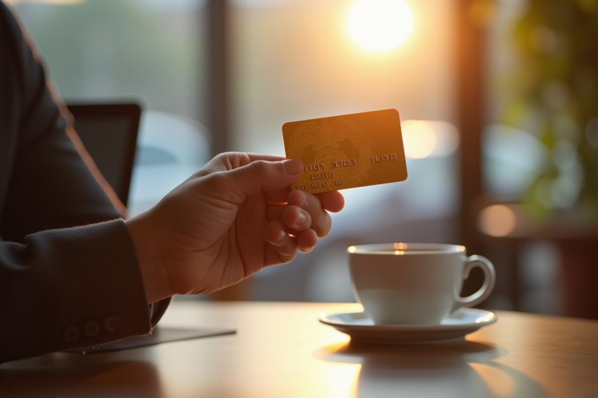 Homme confiant tenant une carte de crédit or dans un café