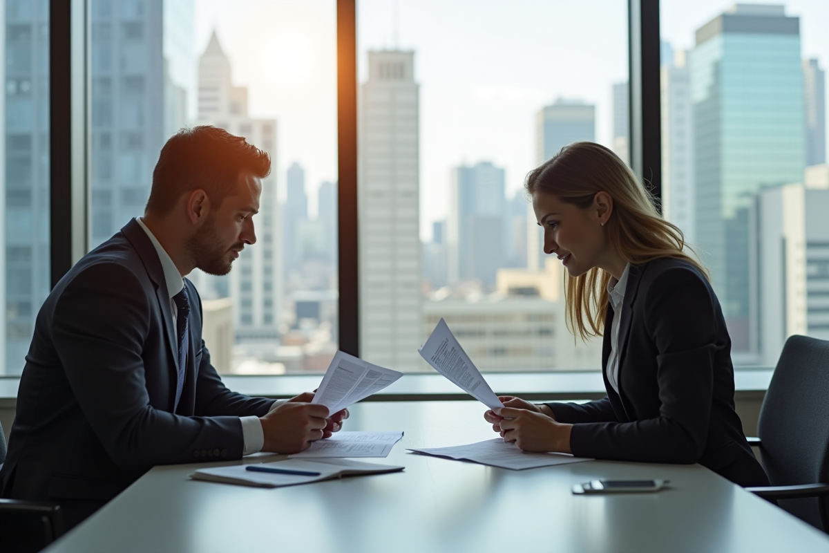 Deux professionnels en finance dans un bureau lumineux