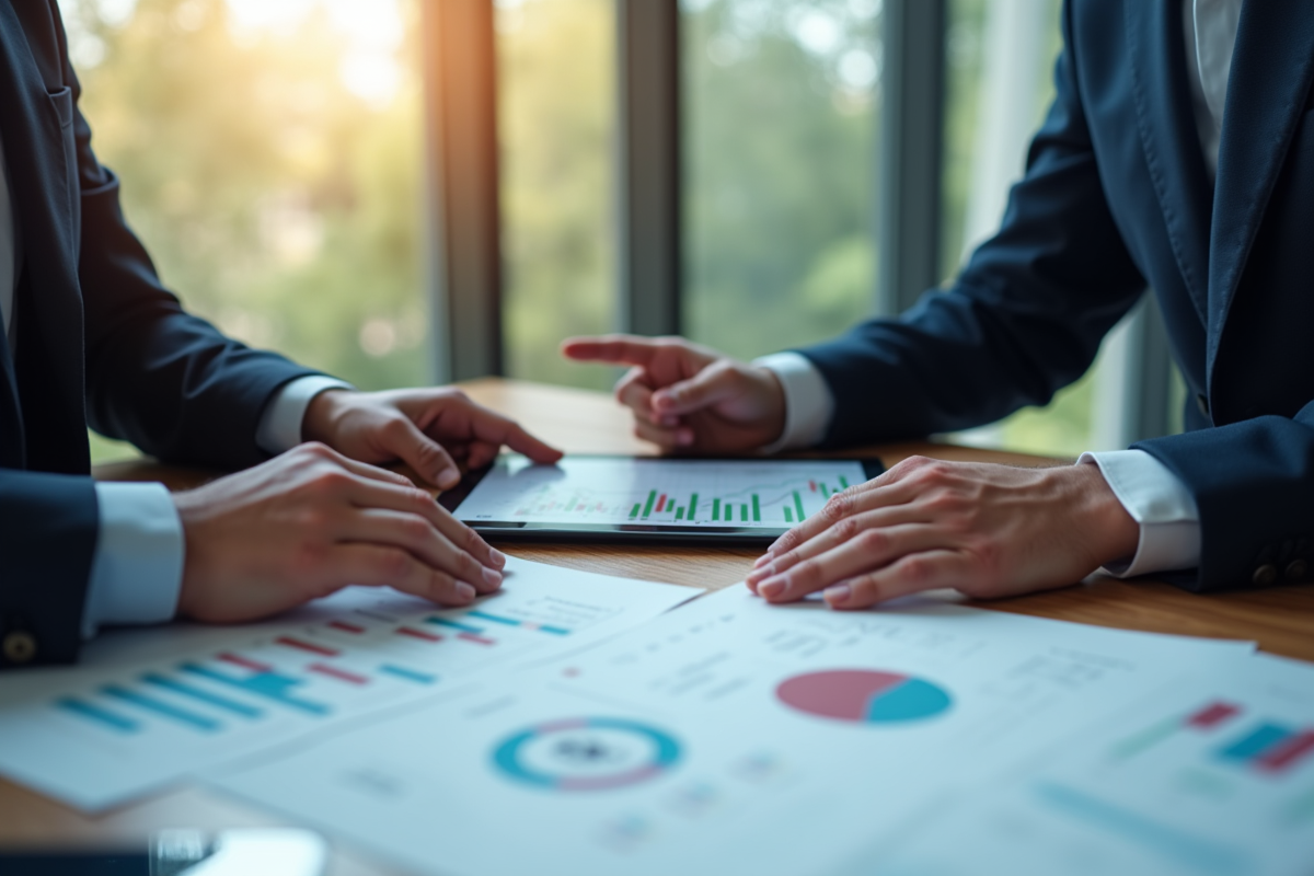 Deux professionnels analysant un tableau financier sur une tablette