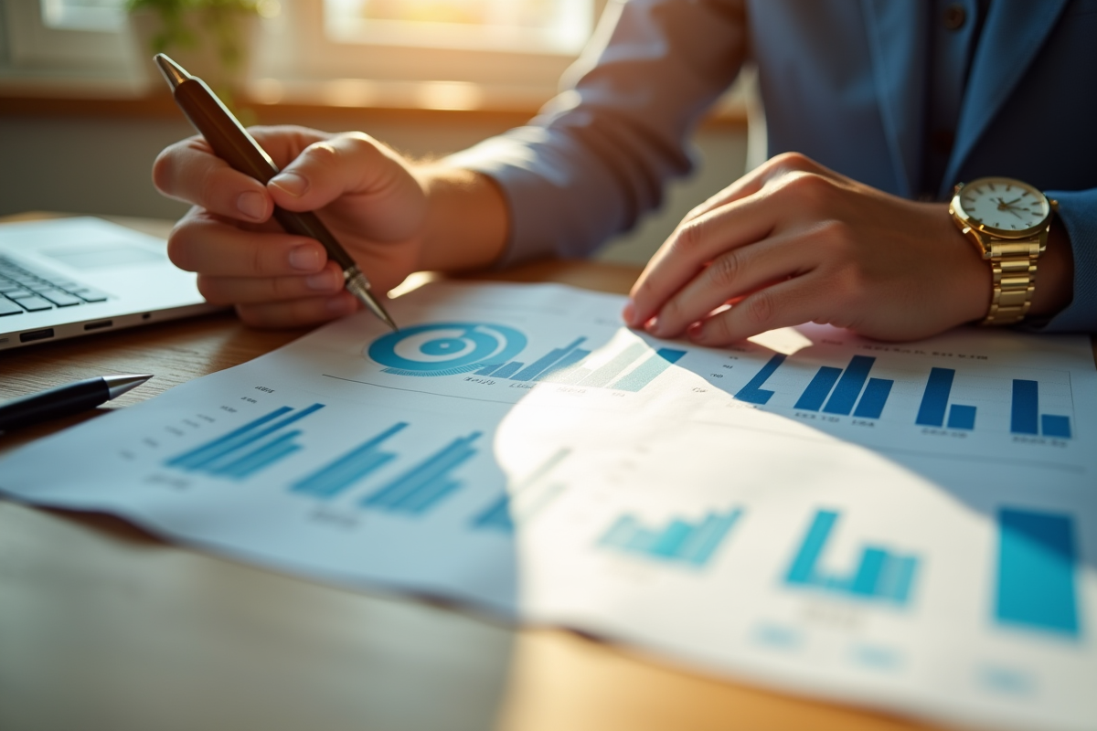 Mains tenant un rapport financier avec graphiques et une montre en or