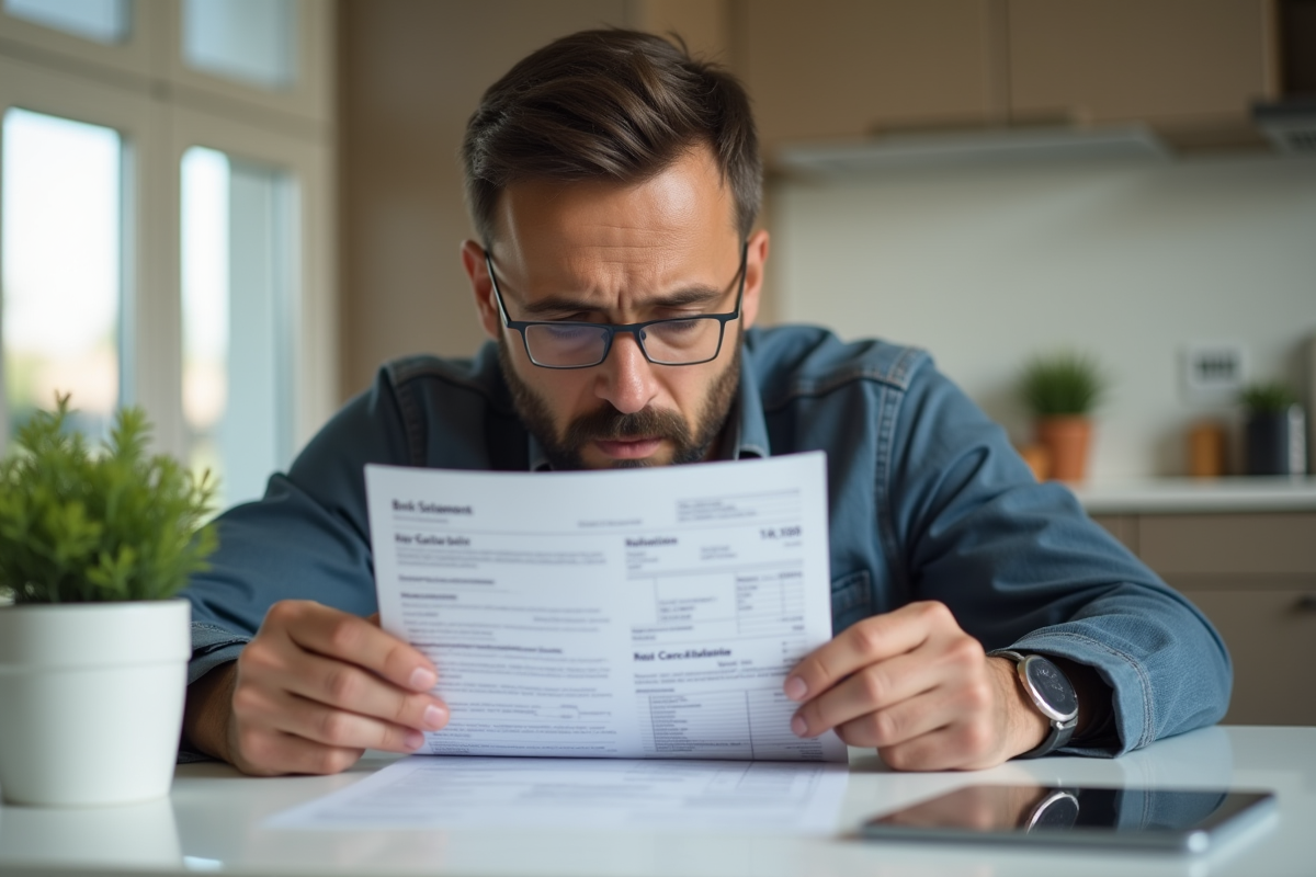 Adulte inquiet examinant un relevé bancaire négatif