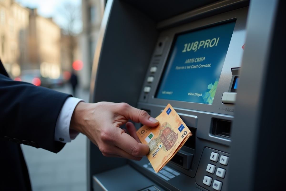 Main tentant de retirer des euros à un distributeur avec message d