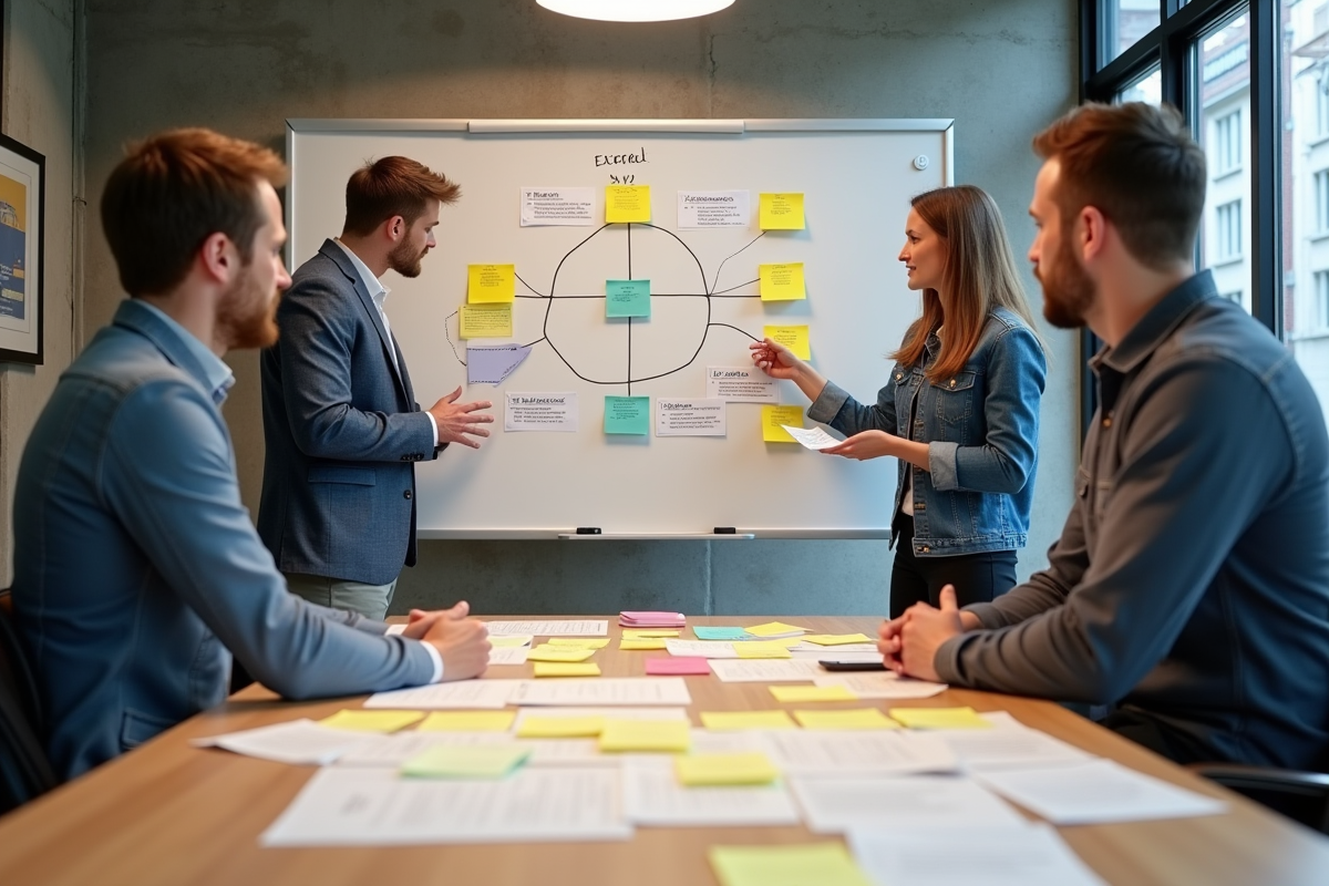 Groupe de professionnels discutant autour d