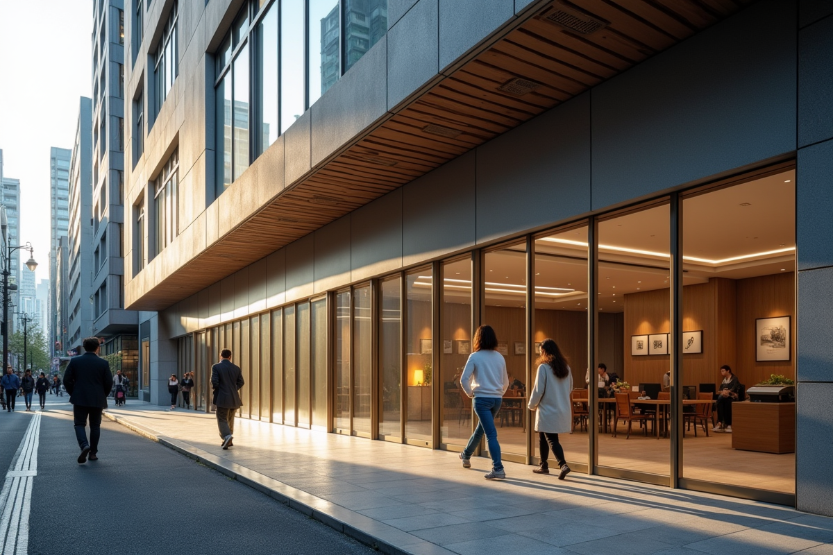 Rue moderne au Japon avec une banque et des passants en plein jour
