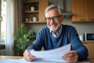 Homme senior souriant examinant ses documents de retraite