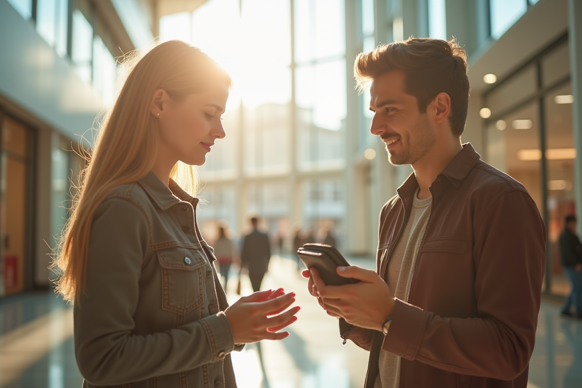 Personne dans un centre commercial lumineux regarde hésitante un article