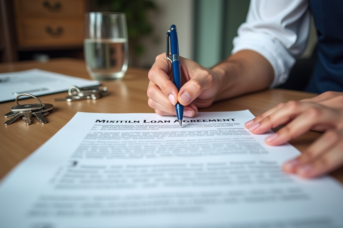 Main signant un contrat de prêt immobilier avec clés et verre d