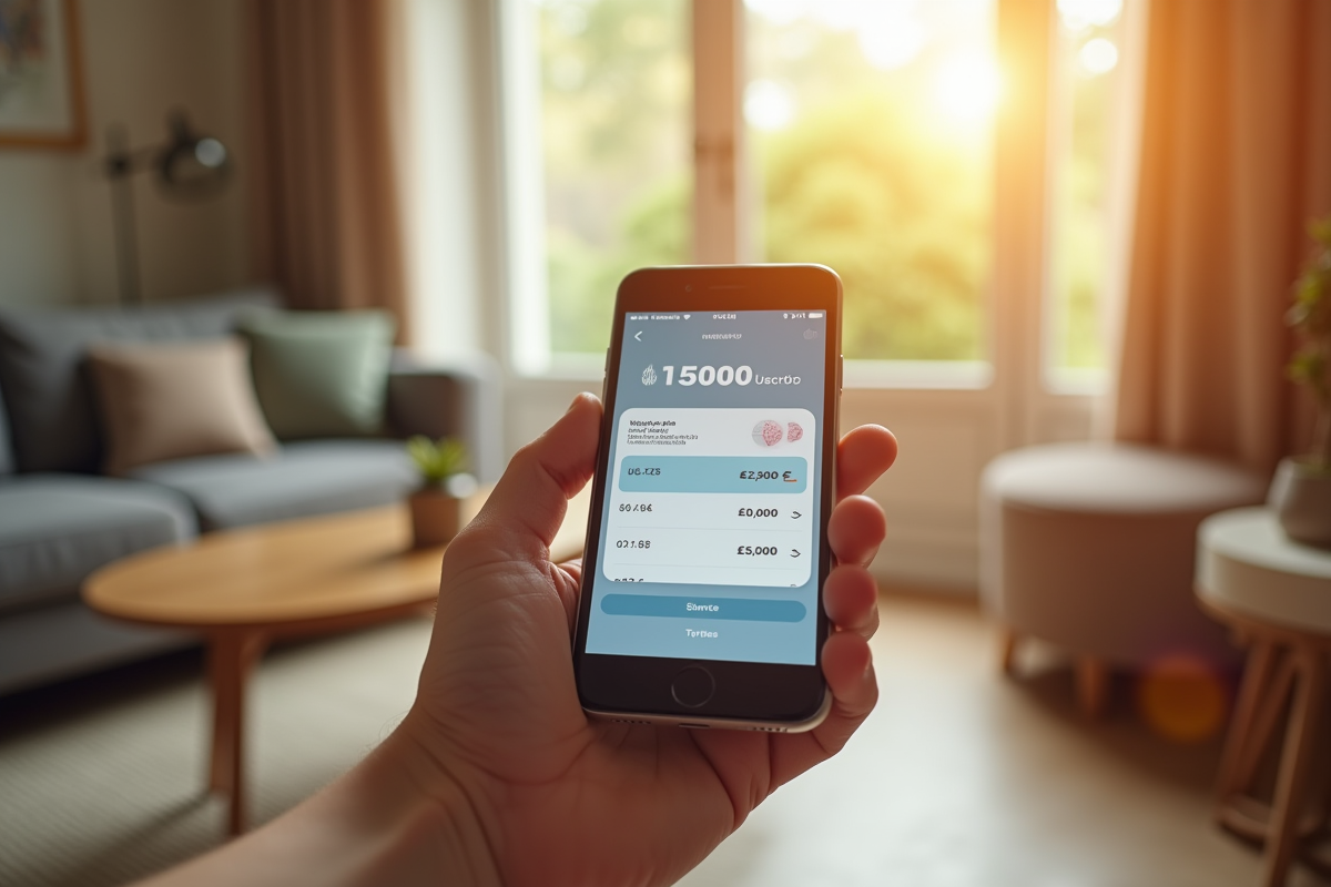 Main tenant un smartphone affichant un solde bancaire de 15000 euros