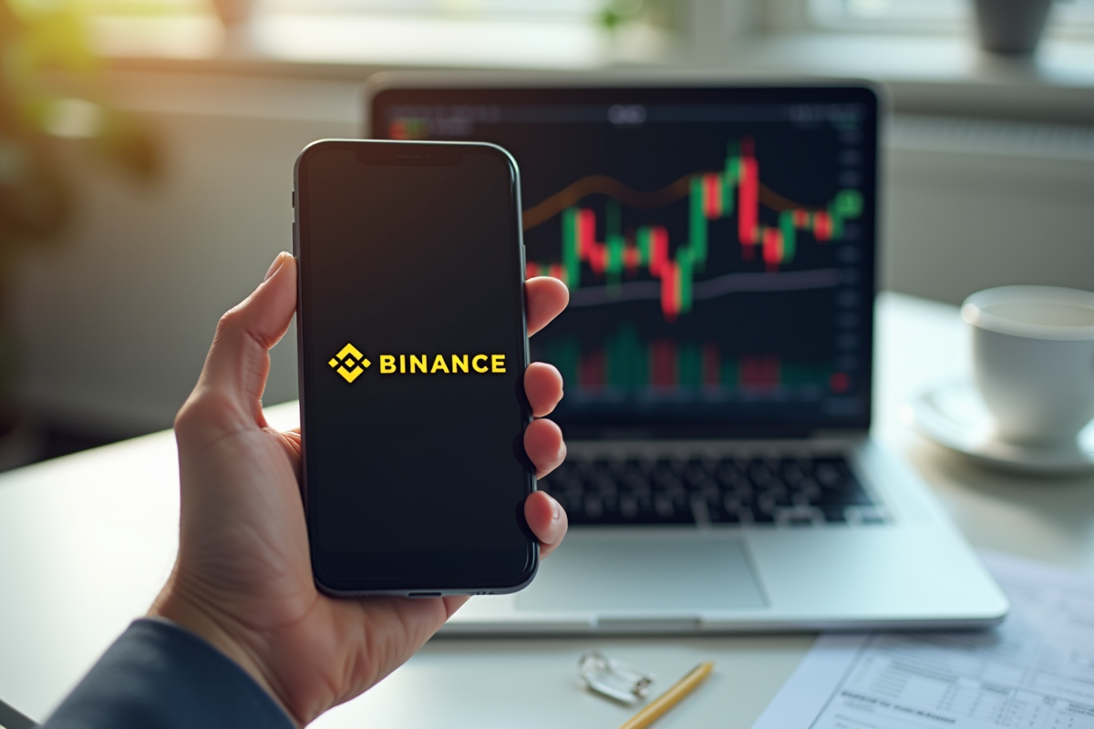 Main tenant un smartphone avec l app Binance sur un bureau lumineux