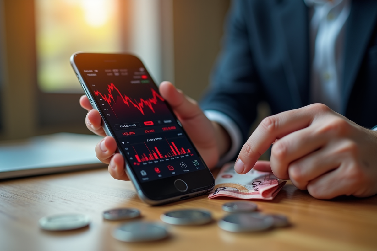 Main tenant un smartphone avec graphiques boursiers en baisse
