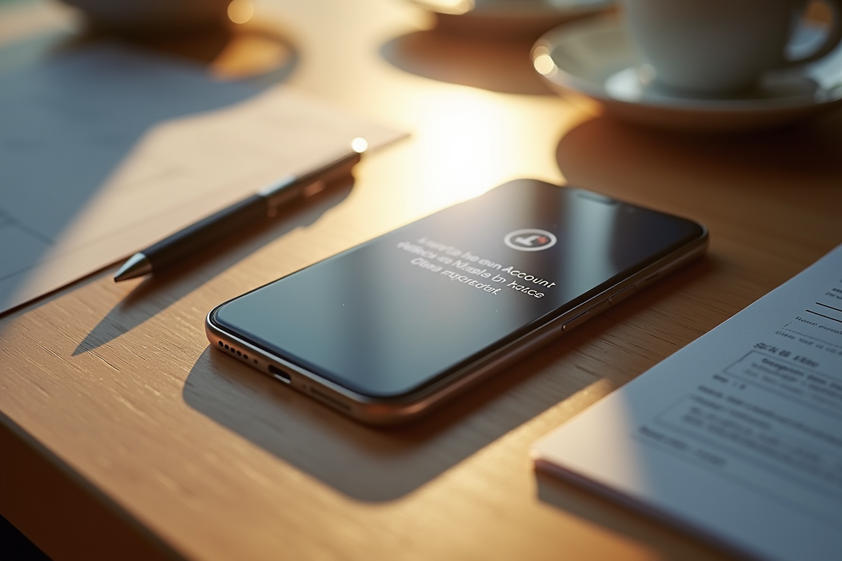 Smartphone avec notification de compte bloque sur une table en bois