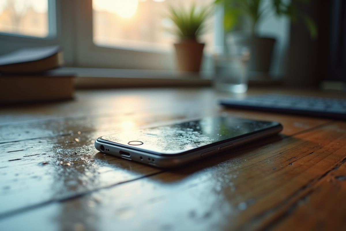 Smartphone cassé avec eau de glace sur un bureau en bois