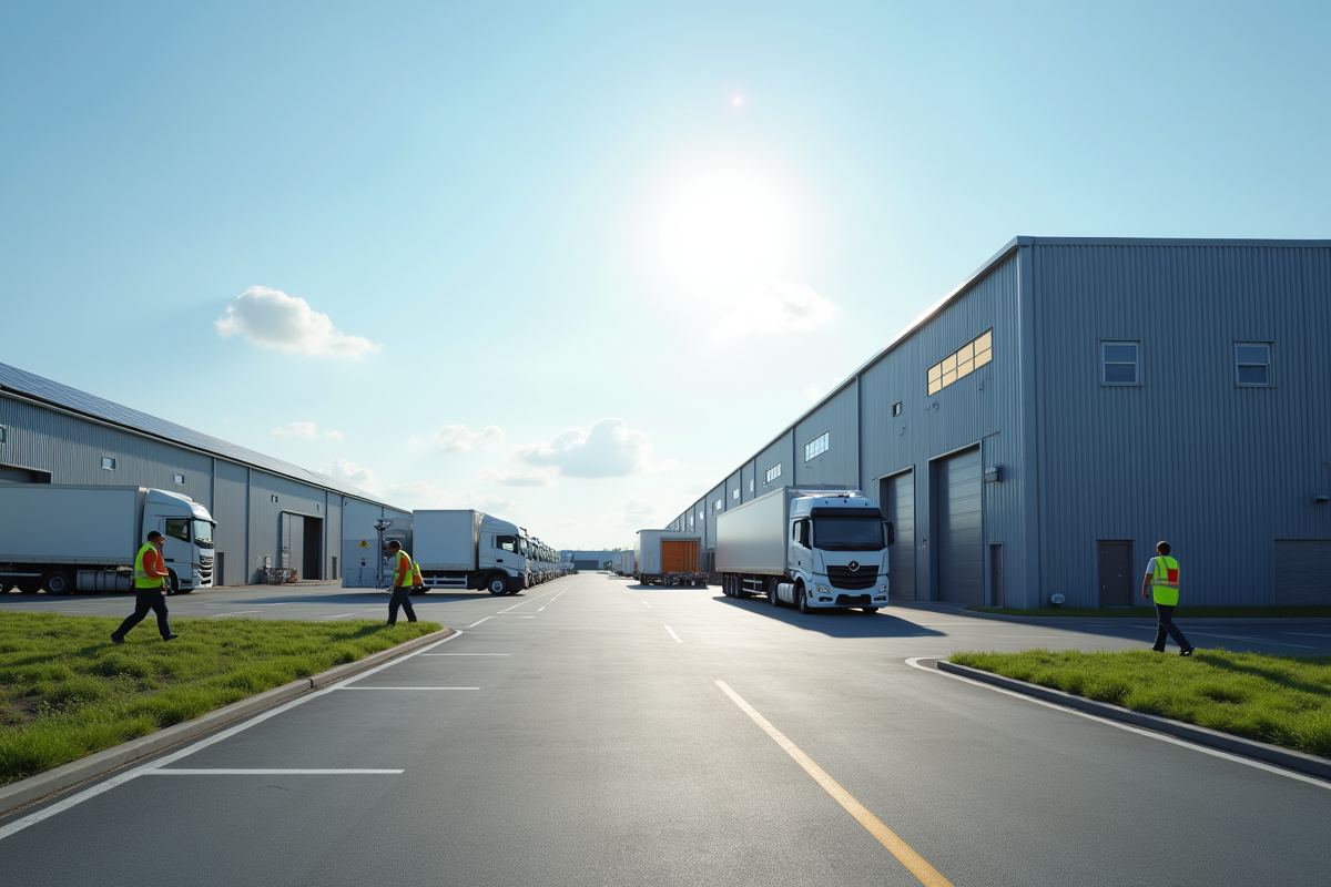 Usine moderne avec panneaux solaires et camions de livraison